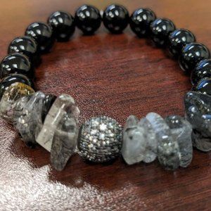 Men's Agate Black Gemstone Quartz Gunmetal Pave 10mm Bracelet